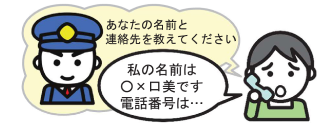 指令員が名前と連絡先を尋ね、通報者が答えるイラスト